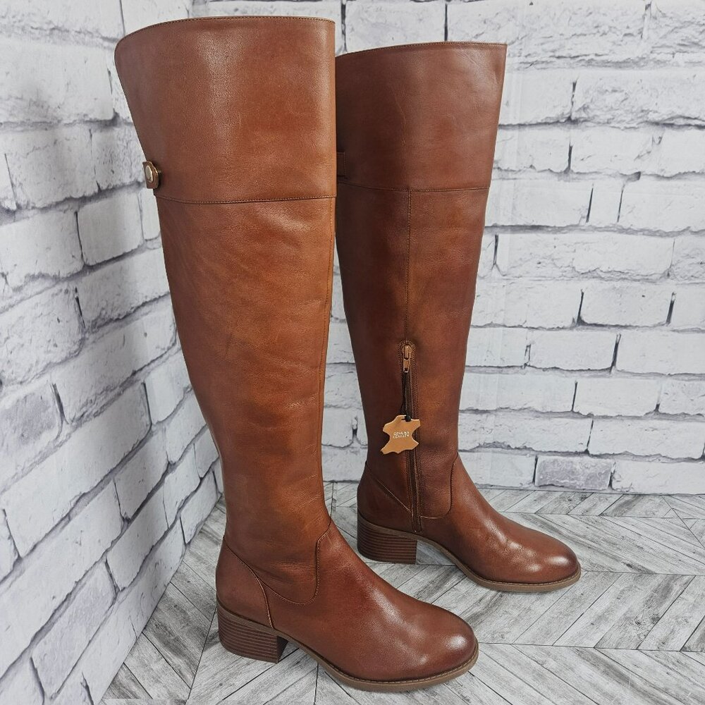 Brown Leather Over the Knee Riding Boots With Block Heel Side Zipper Womens 7.5M